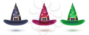 Set of witch hat with golden stars pattern. Design elements isolated on white for Halloween events, 3d illustration. Vector halloween symbol for covers, leaflets, banners