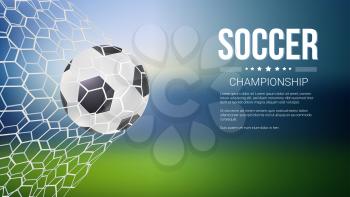 Soccer game match goal moment with ball in the net, mesh. Football ball in goal. Banners for football or soccer games, tournaments, championships. Template for posters and invitations. 3D illustration