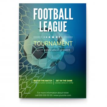 Football game match goal moment with ball in the net, mesh. Game ball in time of goal. Poster for football or soccer games, tournaments, championships, banners and invitations 3D illustration.