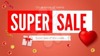 Sales poster with text design and presents. Super sales of the week discount. Gift box, big red heart, burning candle. Ad poster for shopping or marketing events, 3D illustration