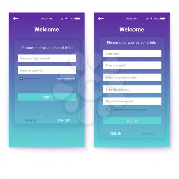 UI design, account authorization or register, interface for touchscreen mobile apps. Entrance via login, password. Registration with personal data. UX Screen with digital lock on login page