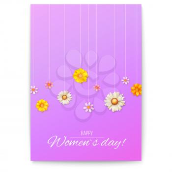 Cover design with floral pattern of spring wildflowers. Greetings card for Happy women s day. Floral vector poster with blossom. Summer banner for congratulations, invitations, posters.