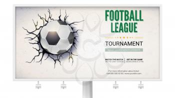 Billboard with football ball damaged the wall with texture. Soccer ball on background of broken-down wall with cracked plaster, 3D illustration. Poster for sport events, tournament, championships