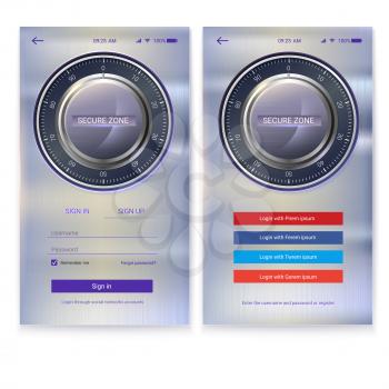 Security application UI design on metal background. Account authorization, interface for touchscreen mobile apps. Entrance via login, password. UX Screen with digital lock on login page