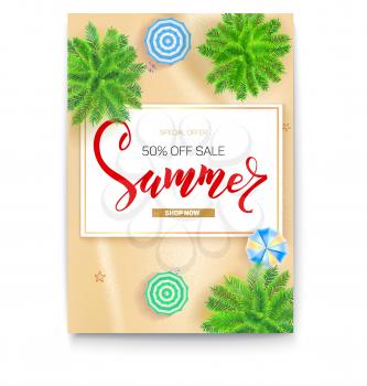 Poster with summer tropical landscape, gold sand, sun umbrellas and palms for touristic events, travel agency actions. Summer sale banner with fifty percent discount