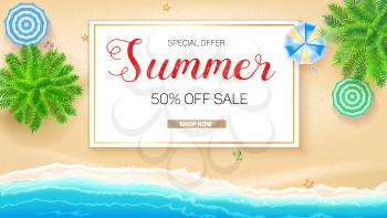 Poster of Summer sale action. Get up to fifty percent discount. Tropical landscape with blue ocean and gold sand, top view. Presentation template for travel agency, 3D illustration.