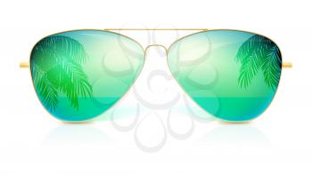 Realistic sunglasses, classic shape in fine gold frame isolated on white background. Icon of sunglasses with green glass, reflection of the palm trees, the sea and the horizon. Stylish accessories