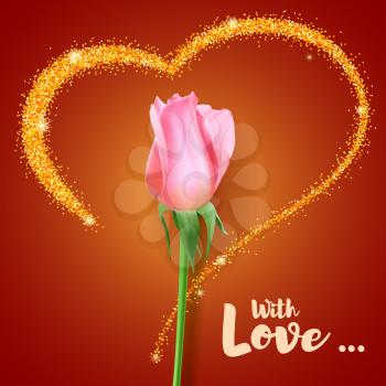 Realistic rose Bud. Close-up the flower Bud of the rose on the backdrop of big heart with glitter. Postcard the symbol of romance. With love, template for a greeting card, 3D illustration.