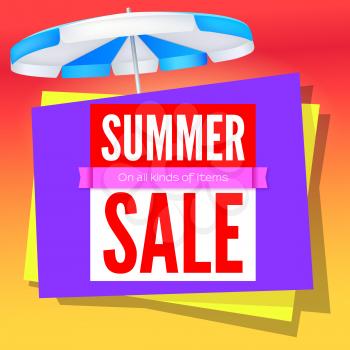 Summer sale commercial poster on hot background with sun umbrella. Ad poster for shops with super sale on all kinds of items. 3D illustration