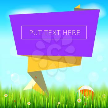 Cut paper art style for ad banner, summer background with place for text. Origami paper speech bubble. Green field, juicy grass, daisy flowers, ladybugs in grass on backdrop from blue sky with clouds.