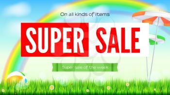 Super sale summer background. Sale of all items. Rainbow above green field. Grass, daisy flowers, ladybugs in grass on backdrop from sky with clouds. Landscape with solar umbrella and inflatable ball.