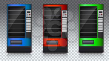 Vending Machine for snacks or soda, food and drink with empty shelves. Set of colored automat. Vending Machine of green, red and blue color. 3D illustration isolated on transparent background