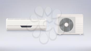 Air conditioning, electronic appliance to clean, freshen and circulate air white color indoor and outdoor units. 3D icons on a white background