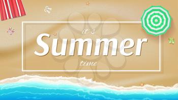 Summer background, banner with seashore, sun umbrellas, golden sands and beach Mat. Big inscription Summer into the white frame with shadow