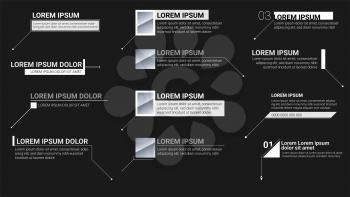 Digital information labels on black background. Callouts titles. Modern banners of lower third for presentation. Vector titles bar. Template for animation of video infographics, presentations