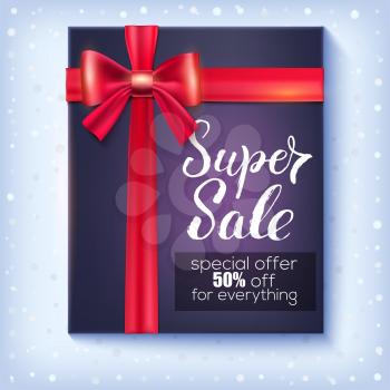 Poster for Winter Sale with design of handwritten lettering. Special offer 50 percent off. Gift box with red ribbon and bow. Decoration elements for winter shopping actions on holidays, 3d vector.