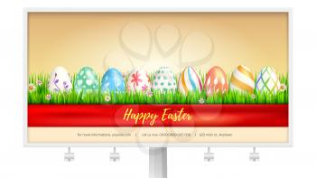 Concept of billboard design with easter eggs for Happy Easter holidays. Banner with handwritten text wrapped red ribbon. Template of poster for spring season with buds of flower in green grass