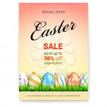 Easter sale. Save up to 50 percent of original price. Decorated of holidays eggs in green grass. Poster for seasonal actions of reduce of price, discount, special and limited offers.