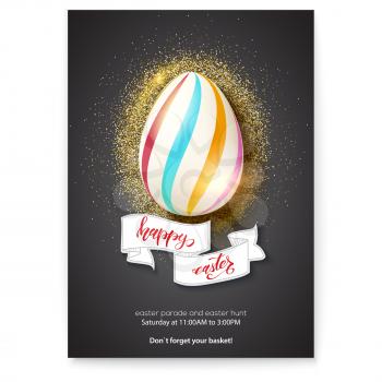 Painted egg on glittering, shining dust for celebration of happy Easter. Hand-drawn text happy easter on vintage banner in doodle style. Poster for hunt for Easter eggs. Vector 3d illustration.
