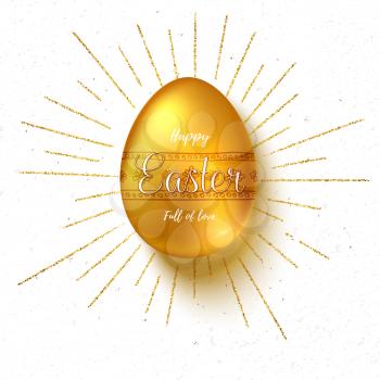 Golden Easter egg with hand painting patterns. Glittering rays on isolated on white background, 3d illustration. Happy Easter, full of love. Template of greeting cards, posters, cover, leaflets.