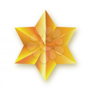 Icon of faceted golden star. Realistic three-dimensional six pointed hexagon isolated on white background. Decorative design element, 3d vector illustration
