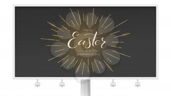 Billboard for festive Happy Easter greeting. Design of calligraphy lettering on black background. Handwritten text with golden glittering rays. Retro label for religious holiday. Vector illustration