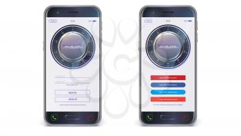 Smartphone, mobile phone isolated. UI design. Account authorization with login and password fields for touch screen mobile apps. UX Screen with digital lock on login page, vector 3d illustration
