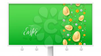 Billboard for Happy Easter holidays. Calligraphic handwritten text and wishes for festive events with golden toys. Easter eggs with hand painting patterns, golden stars and colored pearls on green.