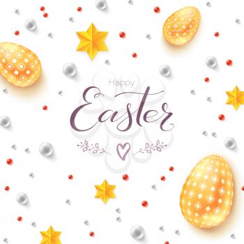 Easter decorative banner. Easter eggs, gold stars and pearls in abstract pattern. Handwritten greetings text, doodles and sketches of easter pictures. Volumetric greetings card for Church holidays.