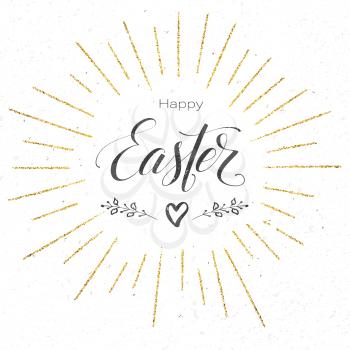 Happy Easter festive greeting card. Design of calligraphy lettering on banner. Vintage handwritten text, doodle with golden glittering rays. Retro label for religious holiday. Vector illustration