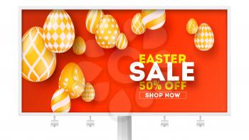 Easter sale, special holiday offer. Billboard with design of promotional text. Set of volumetric Easter golden eggs hanging on red background. Vector illustration for festive discount actions