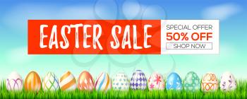 Easter sale, special holiday offer. Get up to 50 percent off. Set of hand painted Easter eggs on green grass. Blue spring sky on the background. Three-dimensional vector illustration for festive sales