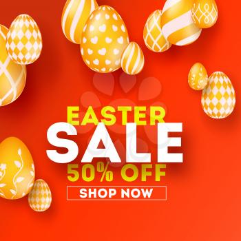 Easter sale, special holiday offer. Creative design of text. Get up to 50 percent off. Set of hand painted Easter golden eggs on red background. Vector illustration for festive discount actions