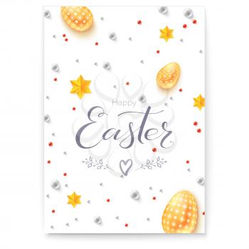 Easter decorative poster with handwritten greetings text. Doodles and sketches of easter signs. Easter eggs, gold stars and pearls in abstract pattern. Vector greetings card for Church holidays.
