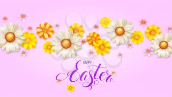 Happy Easter day. 3d realistic vector flowers buds. Spring flower composition on pink background. Template for greetings with design of Handwriting text happy Easter.