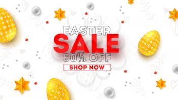 Easter sale. Ad poster with special holiday offer. Discount 50 percent off. Easter eggs, golden stars and pearls. Abstract pattern, top view. Vector illustration for festive discount actions