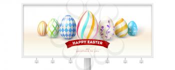 Happy Easter design of festive billboard with greetings. Hand painted easter eggs and design of text on red ribbon. Realistic vector illustration for Easter holidays isolated on white background.