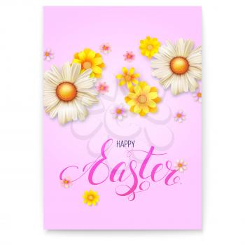 Poster template for Happy Easter day. 3d realistic vector flowers buds on pink background. Spring flower composition. Template for greetings with design of Handwriting text happy Easter