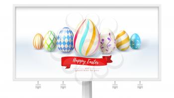Billboard with festive design for Easter greetings. Template with hand painted easter eggs. Handwriting text with happiness wishes on red ribbon. Realistic vector illustration for Easter holidays