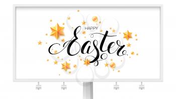 Easter greetings on billboard with calligraphic inscription decorated golden stars and balls isolated on white background. Stylish vector card with abstract pattern and hand drawing wishes