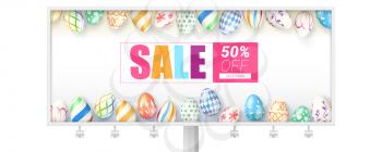 Easter sale. Billboard with design of handwritten text and Easter eggs with pattern painted by hand. Discount 50 percent off. Set of eggs isolated on white background, top view