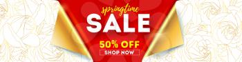 Springtime sale. Get up to 50 percent discount, shop now. Banner with curved golden corners of page. Pattern from golden buds of roses on white wrap paper. Template for festive shopping actions.