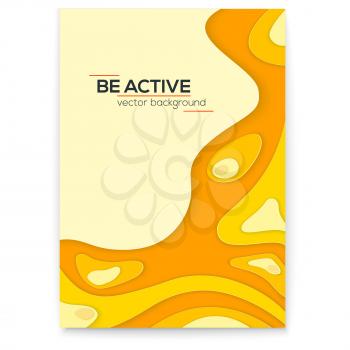 Dynamic papercut 3D poster. Yellow liquid wavy form with shadow in minimalistic style. Abstract multi layered paper shapes cutted from paper. Design of layout for banner, presentation, cover. Vector.