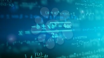 Mathematical formulas floating in perspective. Abstract background with Math equations. Vector 3D illustration. Symbol of study exact Sciences. Concept of calculation and search of various data.