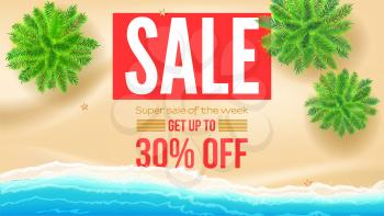 Sale, get up to 30 percent discount. Seashore with green palms on yellow sand on the beach with sea surf. Vector template, 3d illustration