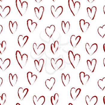 Seamless pattern with red hearts drawn of brush pen. Abstract art with hand drawing. Sketch, doodle style. Template for fabrics, wrapper paper, covers. Vector illustration