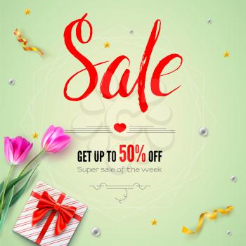 Sale banner with flowers of tulips. Gift box with red ribbon and bow on green background. Handwriting text Sale and design commercial proposal. Template for discount actions, promo events.