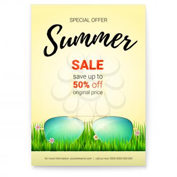 Summer sale. Promo poster with 50 percent discount. Handwriting text on hot background. Sunglasses are lying in green juicy grass. Template for discount actions, promo events in shops and markets