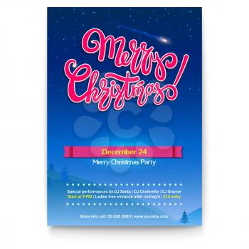 Merry Christmas party background with lettering. Winter night and stars on backdrop. Poster for holidays event, ready to print. 3D illustration, template for banner, flyer, leaflet or invitation.