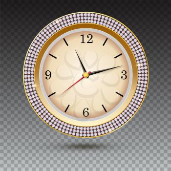 Watch with diamonds on transparent background. Icon of luxury golden clock, jewelry decoration with white dial and arrows.